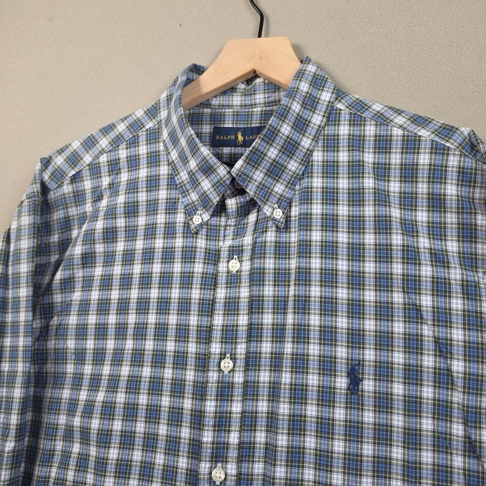 Ralph Lauren Classic Fit Tartan Plaid Poplin L/S Shirt Mens 2XL 18/46 Blue Green